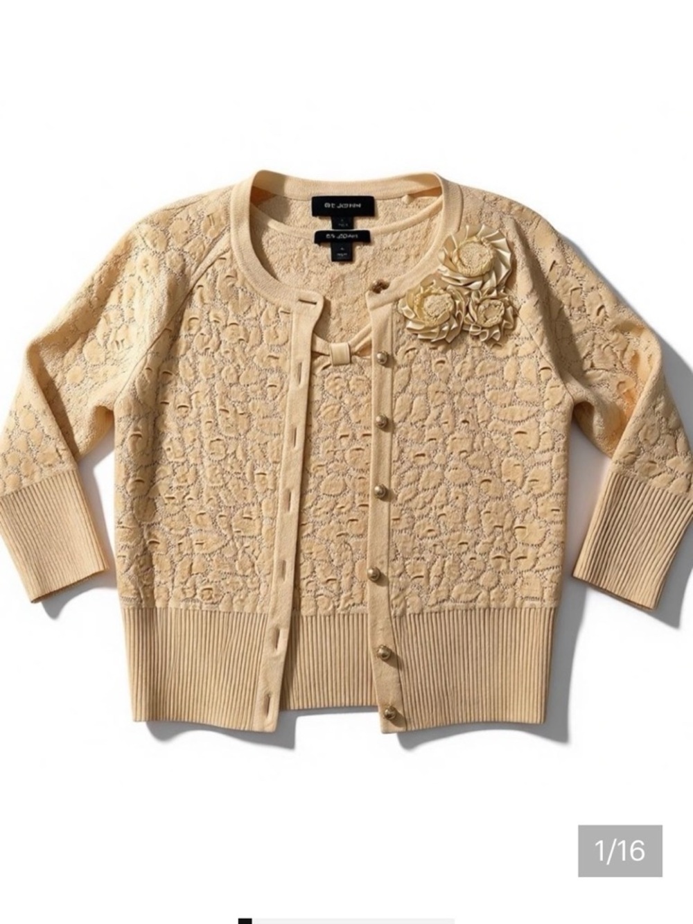 ST JOHN Cream Knit Twin Set Cardigan Shell Top Pearl Buttons Floral Applique P
